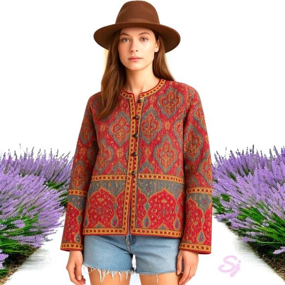 ORVIS 100% Cotton Women Reversible Red Jacket Quilted Boho Paisley Button Sz M - Picture 3 of 12